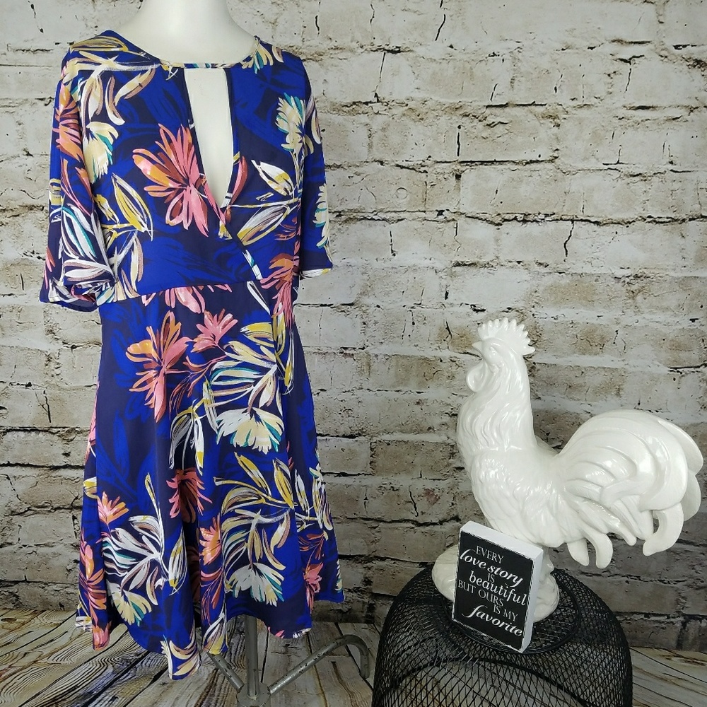 Lush Flutter Sleeve Skater Dress Tropical Floral L
